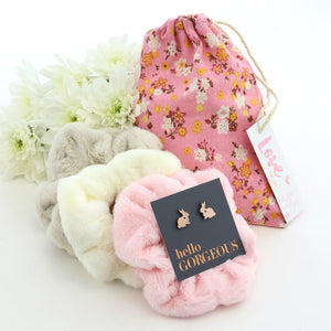 Pink Floral Plush Scrunchy Gift Bundle with Rose Gold Bunny Earrings (L03)