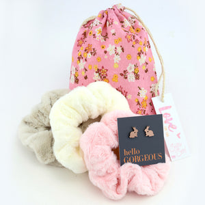 Pink Floral Plush Scrunchy Gift Bundle with Rose Gold Bunny Earrings (L03)