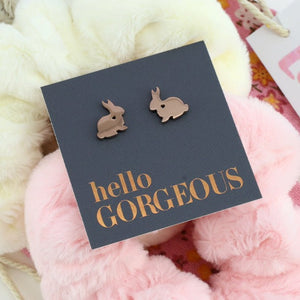 Pink Floral Plush Scrunchy Gift Bundle with Rose Gold Bunny Earrings (L03)