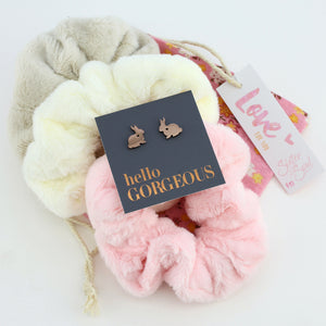 Pink Floral Plush Scrunchy Gift Bundle with Rose Gold Bunny Earrings (L03)