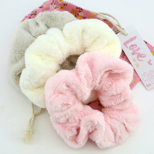 Pink Floral Plush Scrunchy Gift Bundle with Rose Gold Bunny Earrings (L03)