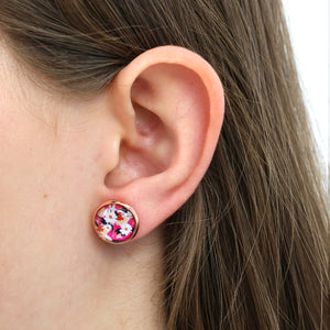 Pink floral print earring stud 12 mm with vintage gold surround.  Fundraising for national breast cancer foundation. 