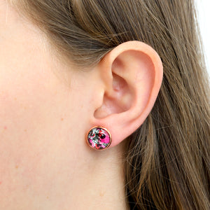 Pink floral print earring stud 12 mm with rose gold surround.  Fundraising for national breast cancer foundation. 