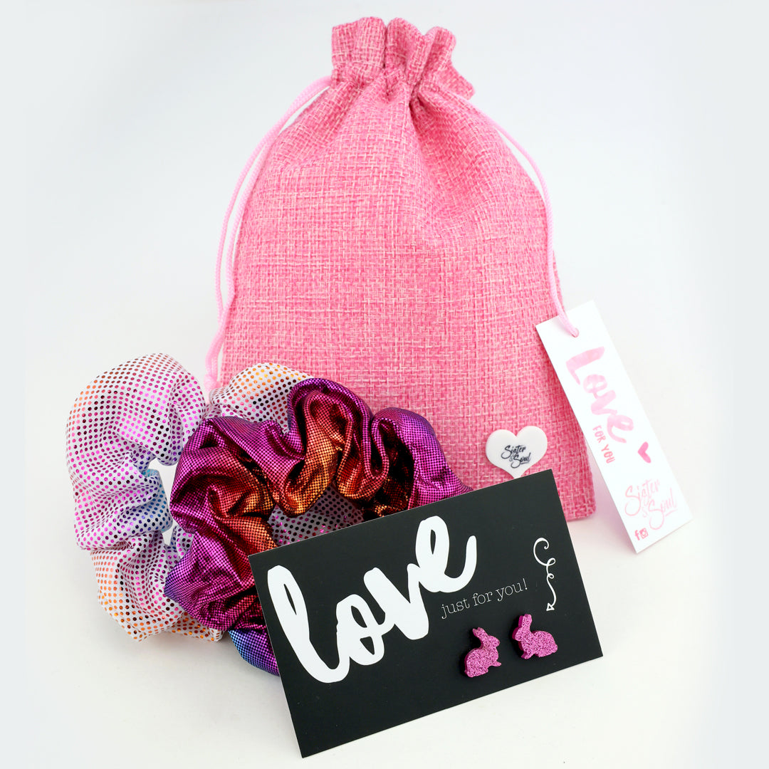 Pink Sparkle Scrunchie Easter Gift Bundle with Glitter Bunny Earrings (L13)