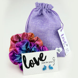 Purple Sparkle Scrunchie Easter Gift Bundle with Blue Glitter Bunny Earrings (L02)