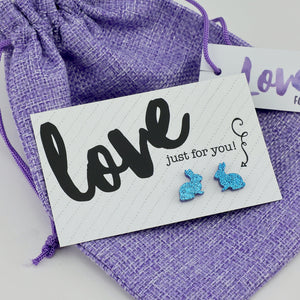 Purple Sparkle Scrunchie Easter Gift Bundle with Blue Glitter Bunny Earrings (L02)