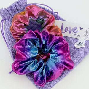 Purple Sparkle Scrunchie Easter Gift Bundle with Blue Glitter Bunny Earrings (L02)