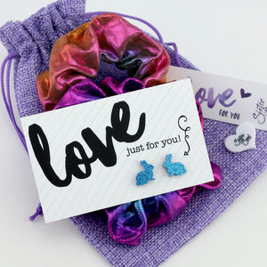 Purple Sparkle Scrunchie Easter Gift Bundle with Blue Glitter Bunny Earrings (L02)