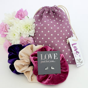 Purple Spot Velvet Scrunchie Easter Gift Bundle with Bunny Earrings (S17)