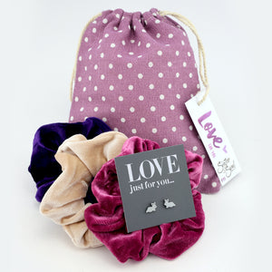 Purple Spot Velvet Scrunchie Easter Gift Bundle with Bunny Earrings (S17)