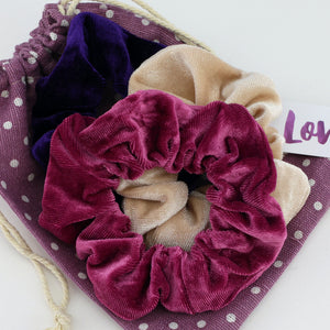 Purple Spot Velvet Scrunchie Easter Gift Bundle with Bunny Earrings (S17)