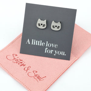 Stainless Steel Earring Studs - A Little Love For You - CUTE CAT FACE