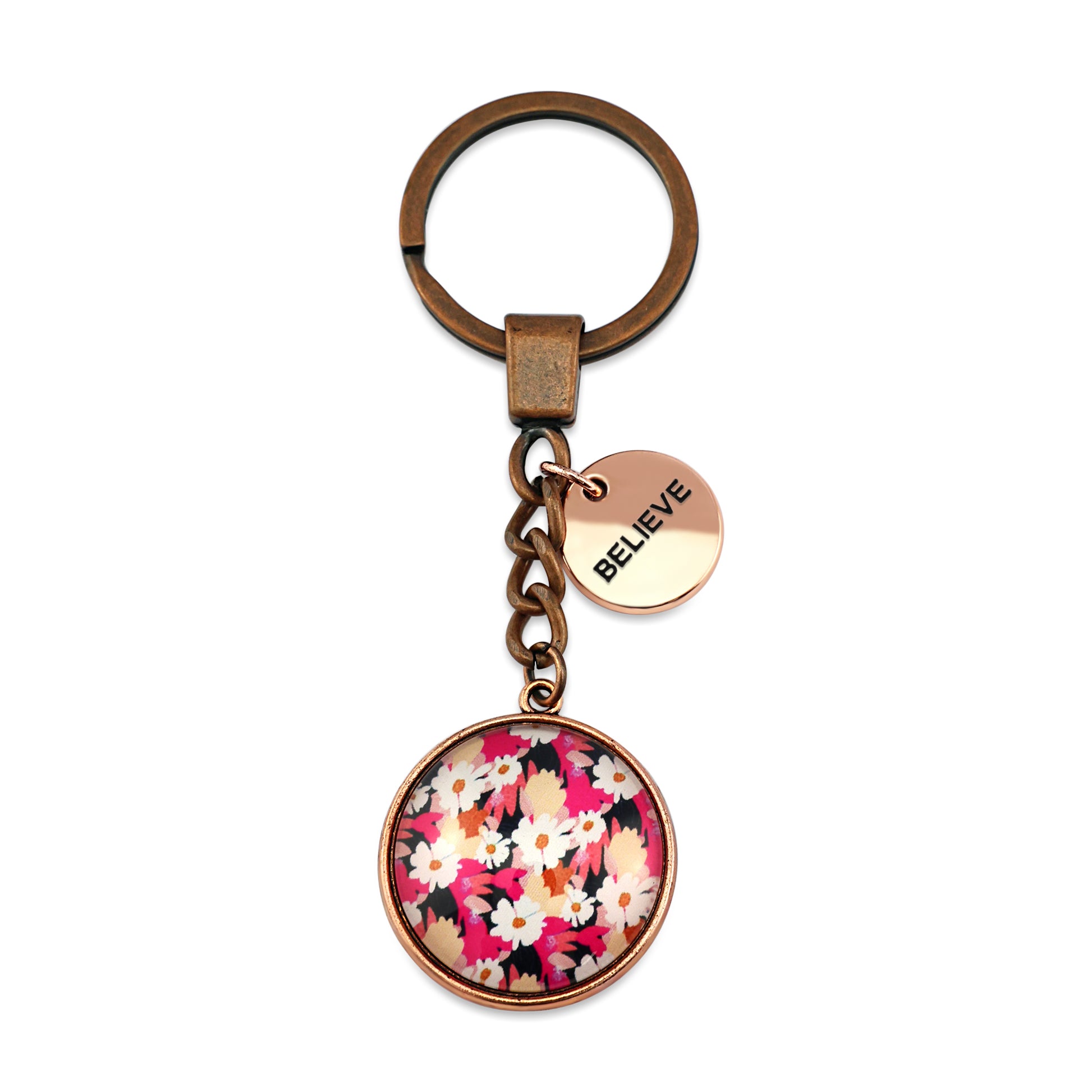 Circle pendant keychain in vintage copper with 'believe' charm, bright pink floral print. Fundraiser for the national breast cancer foundation.