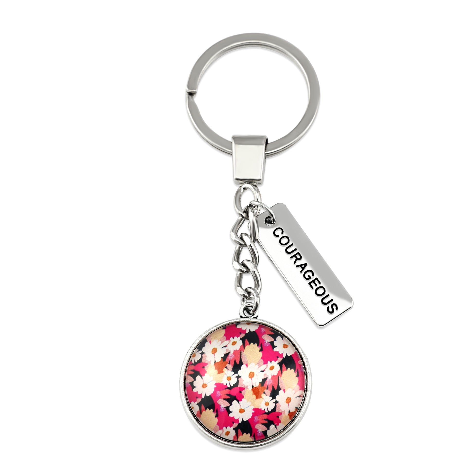 Circle pendant keychain in vintage silver with 'courageous' charm, bright pink floral print. Fundraiser for the national breast cancer foundation.