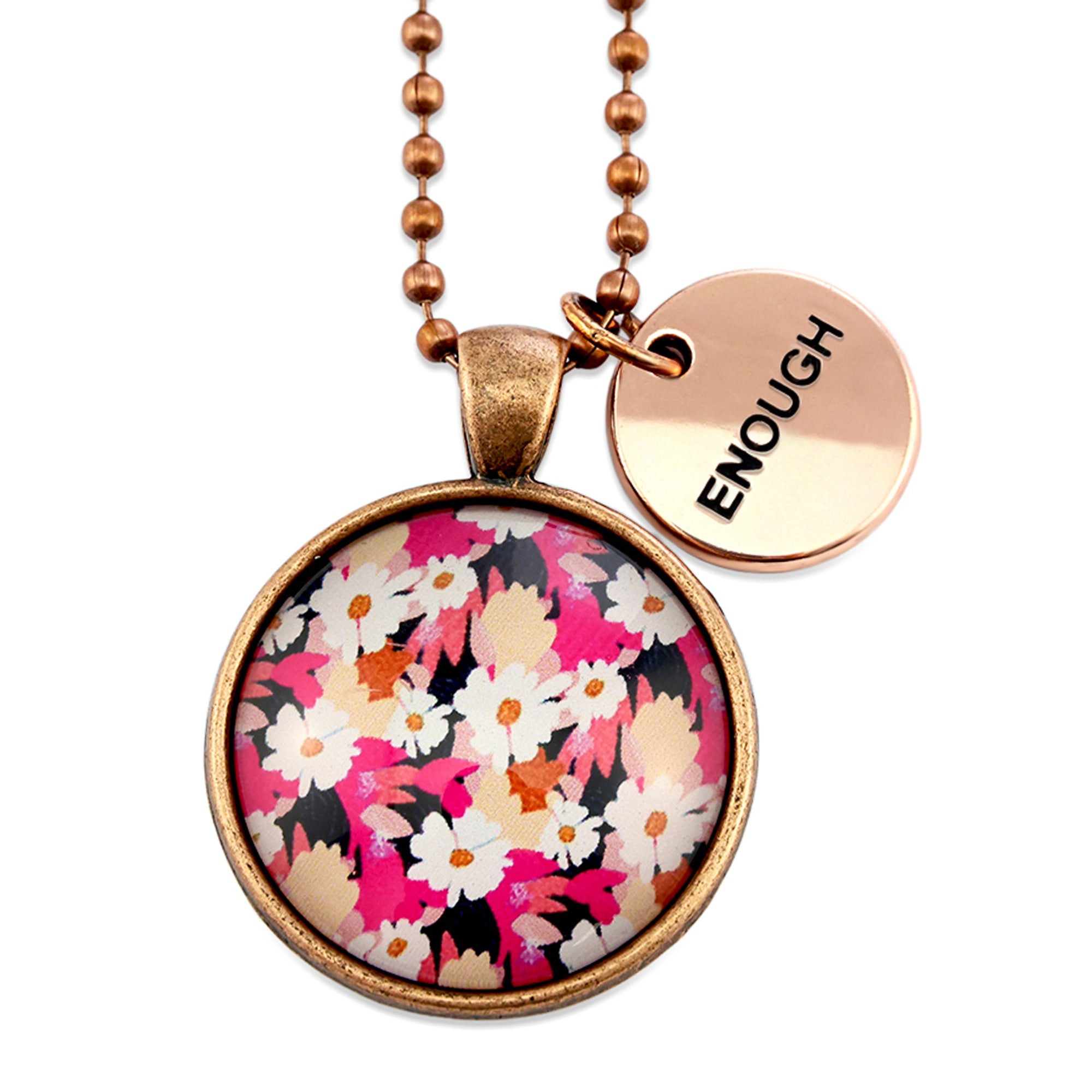 Circle pendant necklace in vintage copper with 'enough' charm, bright pink floral print. Fundraiser for the national breast cancer foundation.