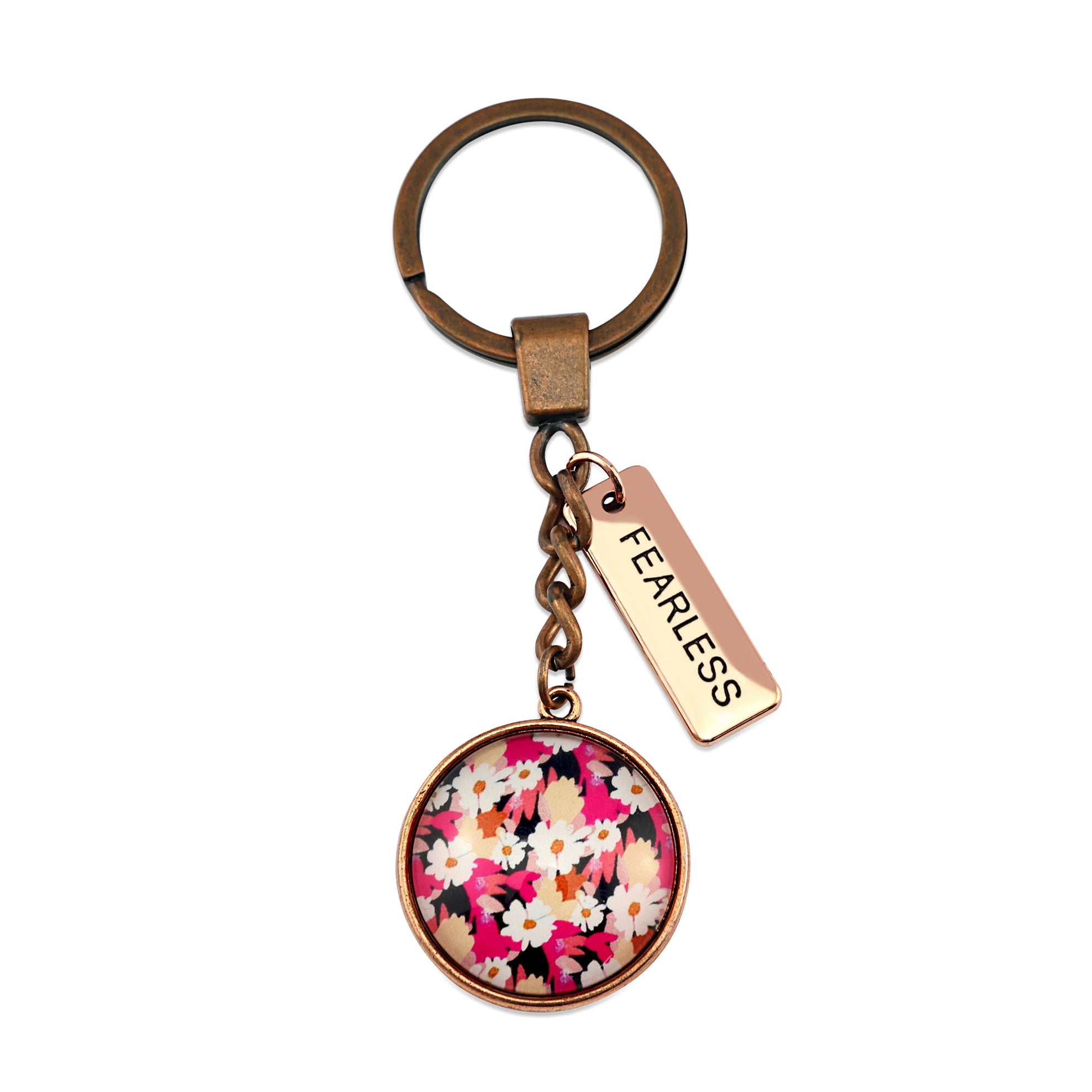 Circle pendant keychain in vintage copper with 'fearless' charm, bright pink floral print. Fundraiser for the national breast cancer foundation.