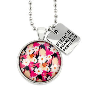 Circle pendant necklace in vintage silver with 'fierce fearless fabulous' charm, bright pink floral print. Fundraiser for the national breast cancer foundation.