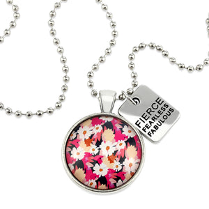 Circle pendant necklace in vintage silver with 'fierce fearless fabulous' charm, bright pink floral print. Fundraiser for the national breast cancer foundation.