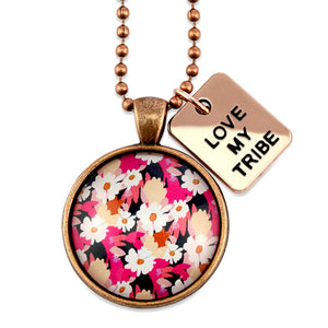 Circle pendant necklace in vintage copper with 'LOVE MY TRIBE' charm, bright pink floral print. Fundraiser for the national breast cancer foundation.