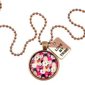 Circle pendant necklace in vintage copper with 'LOVE MY TRIBE' charm, bright pink floral print. Fundraiser for the national breast cancer foundation.