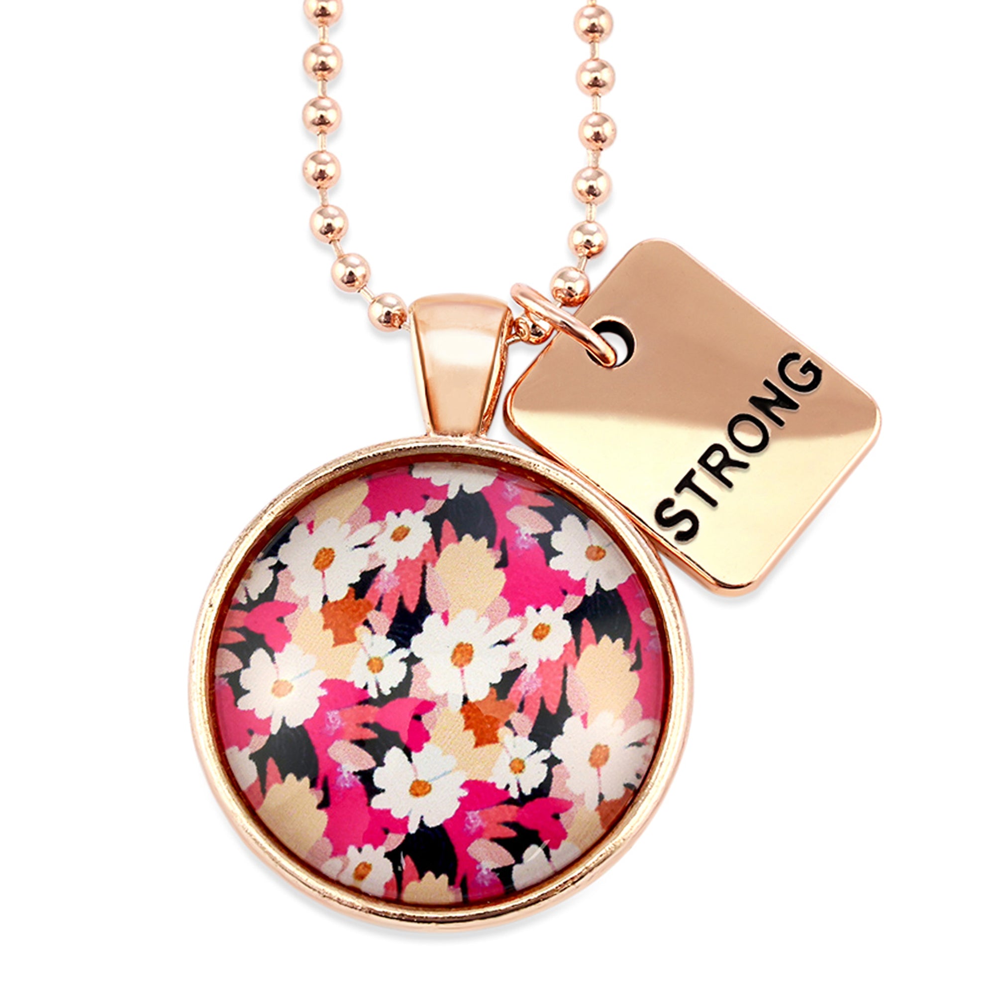 Circle pendant necklace in rose gold with 'strong' charm, bright pink floral print. Fundraiser for the national breast cancer foundation.