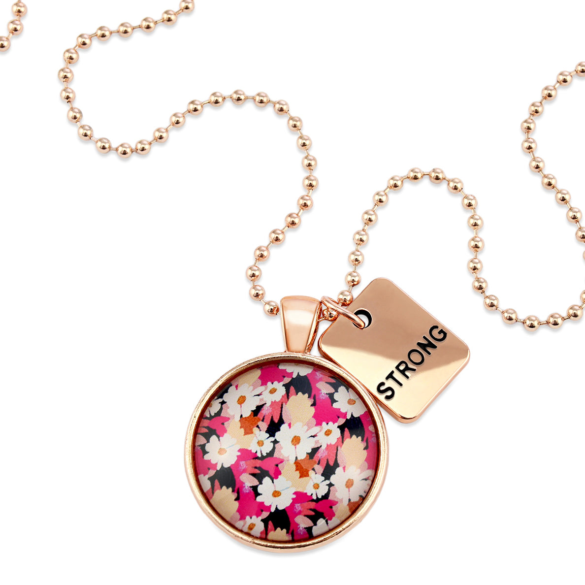 Circle pendant necklace in rose gold with 'strong' charm, bright pink floral print. Fundraiser for the national breast cancer foundation.