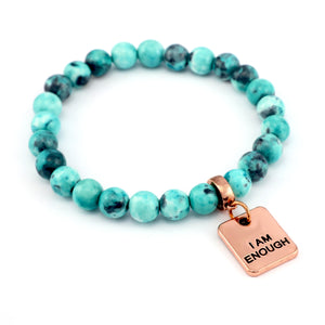 Stone Bracelet - Aqua & Navy Patch Agate Stone 8mm Beads - With Rose Gold charm