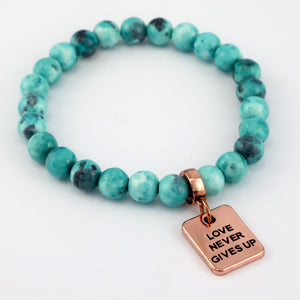 Stone Bracelet - Aqua & Navy Patch Agate Stone 8mm Beads - With Rose Gold charm