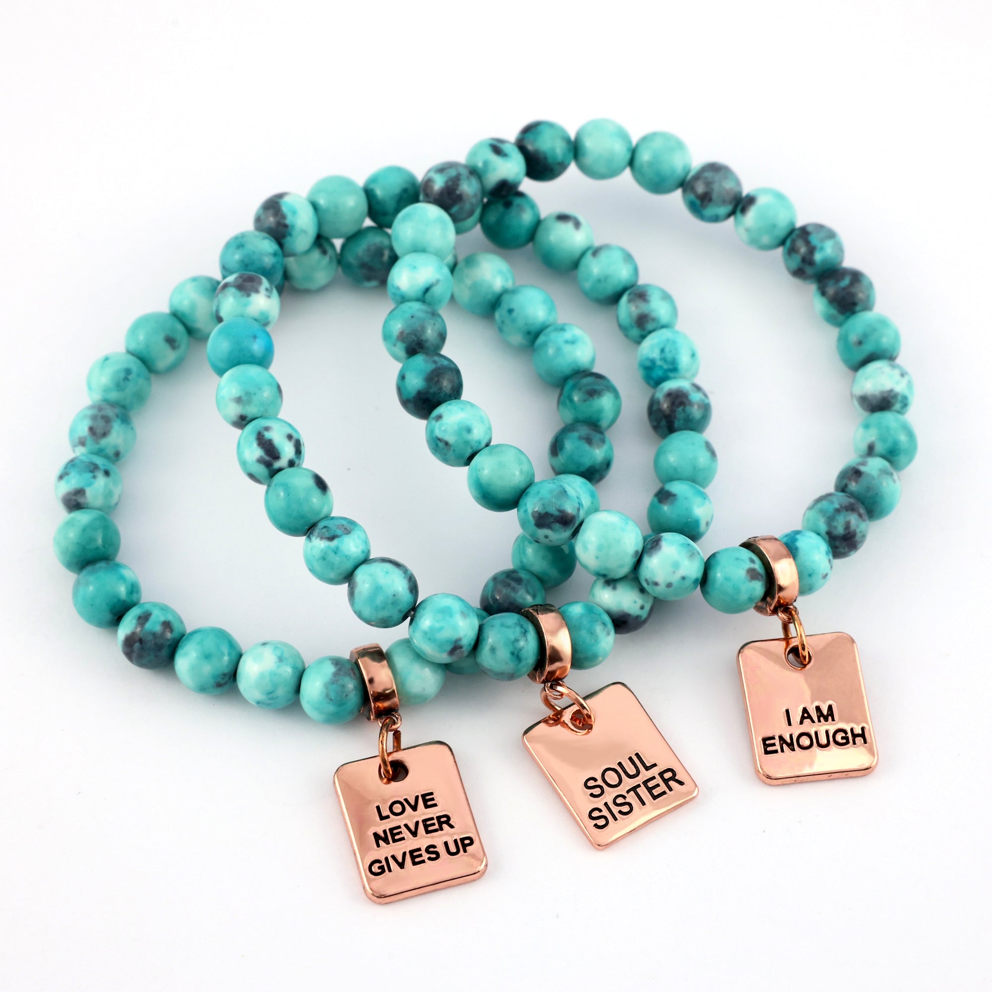 Stone Bracelet - Aqua & Navy Patch Agate Stone 8mm Beads - With Rose Gold charm