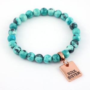 Stone Bracelet - Aqua & Navy Patch Agate Stone 8mm Beads - With Rose Gold charm