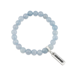 Stone Bracelet - Aquamarine Stone 8mm Beads - with Silver Word charm