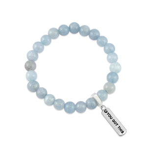 Stone Bracelet - Aquamarine Stone 8mm Beads - with Silver Word charm