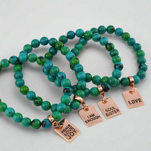 Stone Bracelet - Aqua & Green Agate - 8mm Bead Bracelet with Rose Gold Word Charm