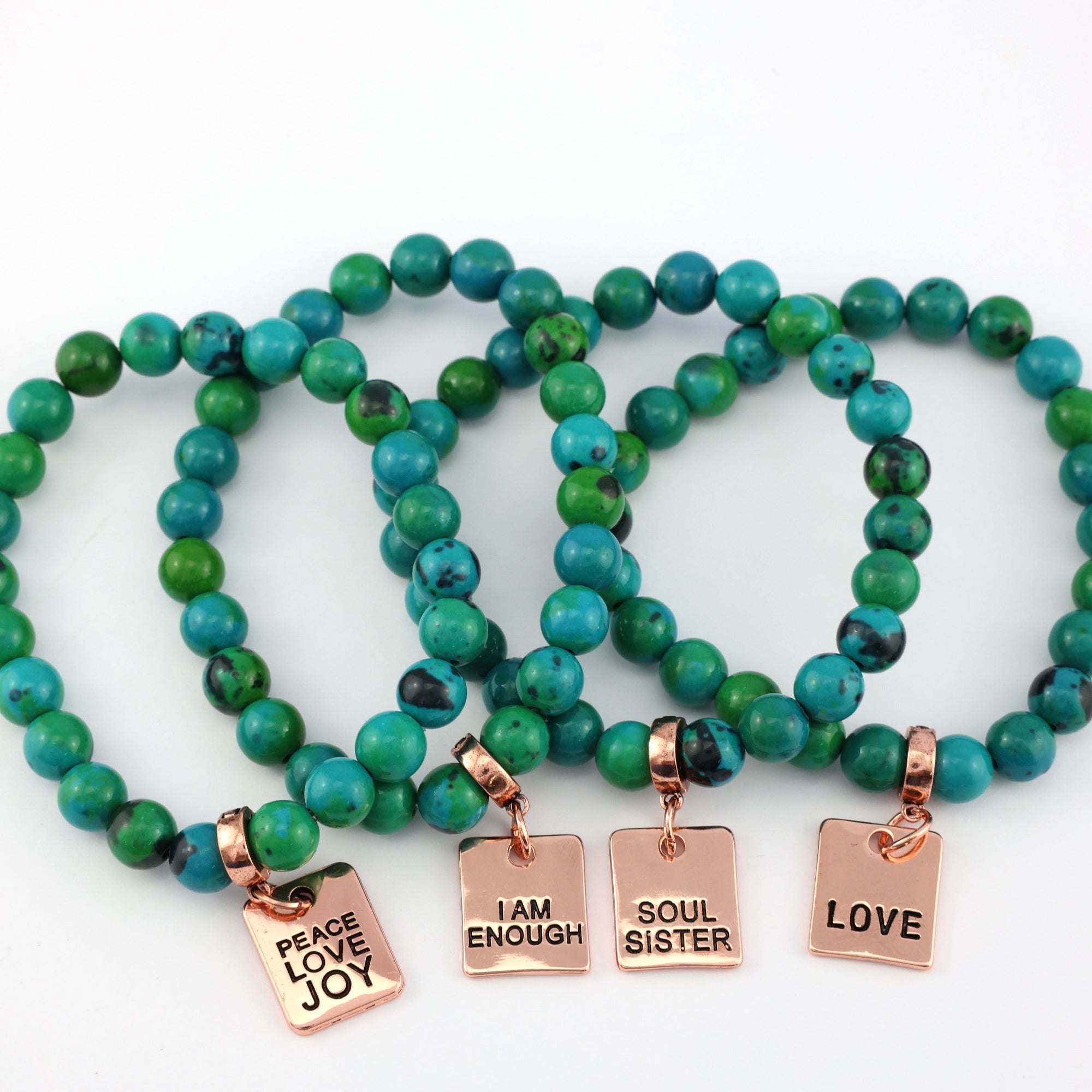 Stone Bracelet - Aqua & Green Agate - 8mm Bead Bracelet with Rose Gold Word Charm