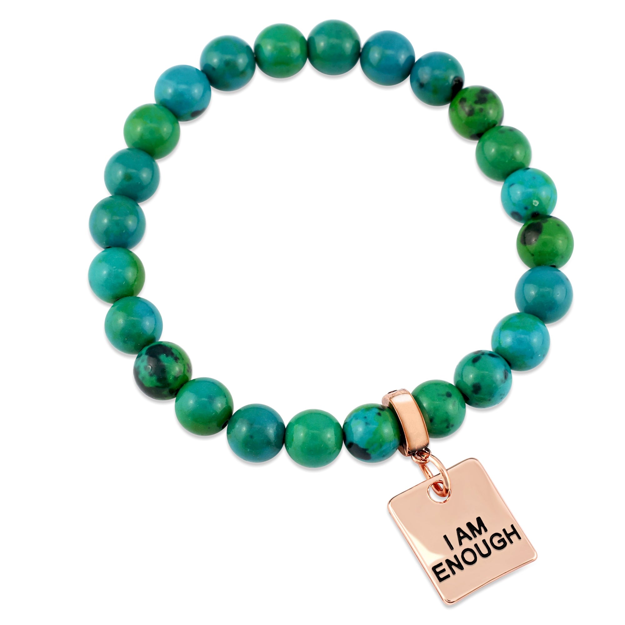 Stone Bracelet - Aqua & Green Agate - 8mm Bead Bracelet with Rose Gold Word Charm