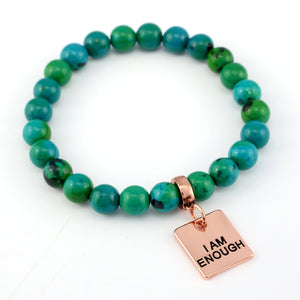 Stone Bracelet - Aqua & Green Agate - 8mm Bead Bracelet with Rose Gold Word Charm