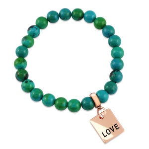 Stone Bracelet - Aqua & Green Agate - 8mm Bead Bracelet with Rose Gold Word Charm