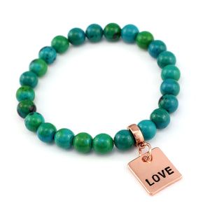 Stone Bracelet - Aqua & Green Agate - 8mm Bead Bracelet with Rose Gold Word Charm