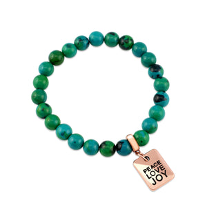 Stone Bracelet - Aqua & Green Agate - 8mm Bead Bracelet with Rose Gold Word Charm