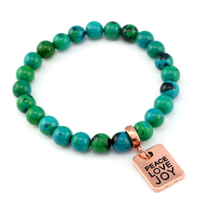 Stone Bracelet - Aqua & Green Agate - 8mm Bead Bracelet with Rose Gold Word Charm