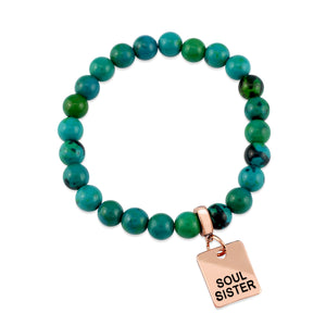 Stone Bracelet - Aqua & Green Agate - 8mm Bead Bracelet with Rose Gold Word Charm