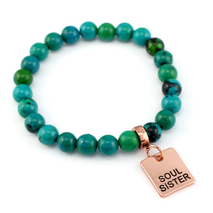 Stone Bracelet - Aqua & Green Agate - 8mm Bead Bracelet with Rose Gold Word Charm