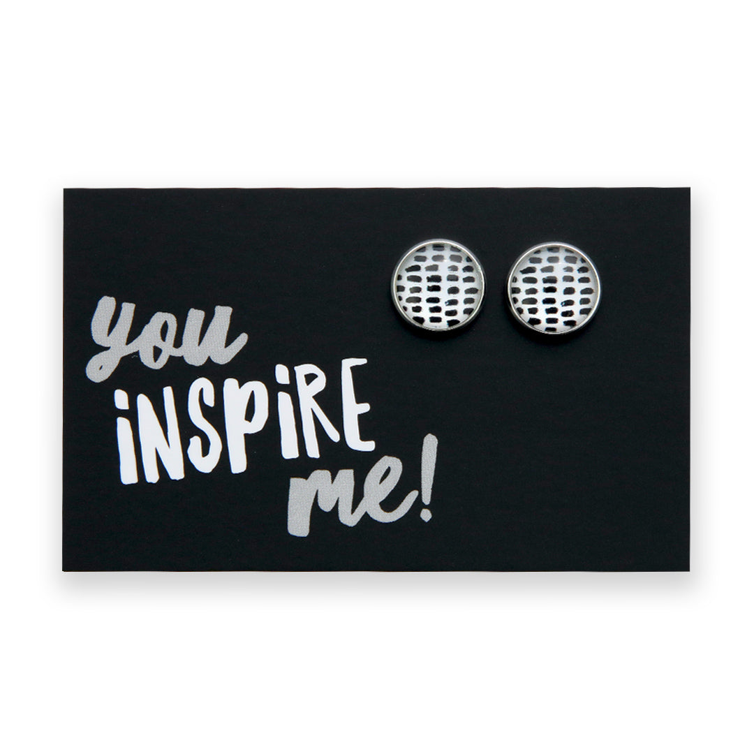 Black & White Collection - You Inspire Me - Bright Silver 12mm Circle Studs - Black Strokes (11021)