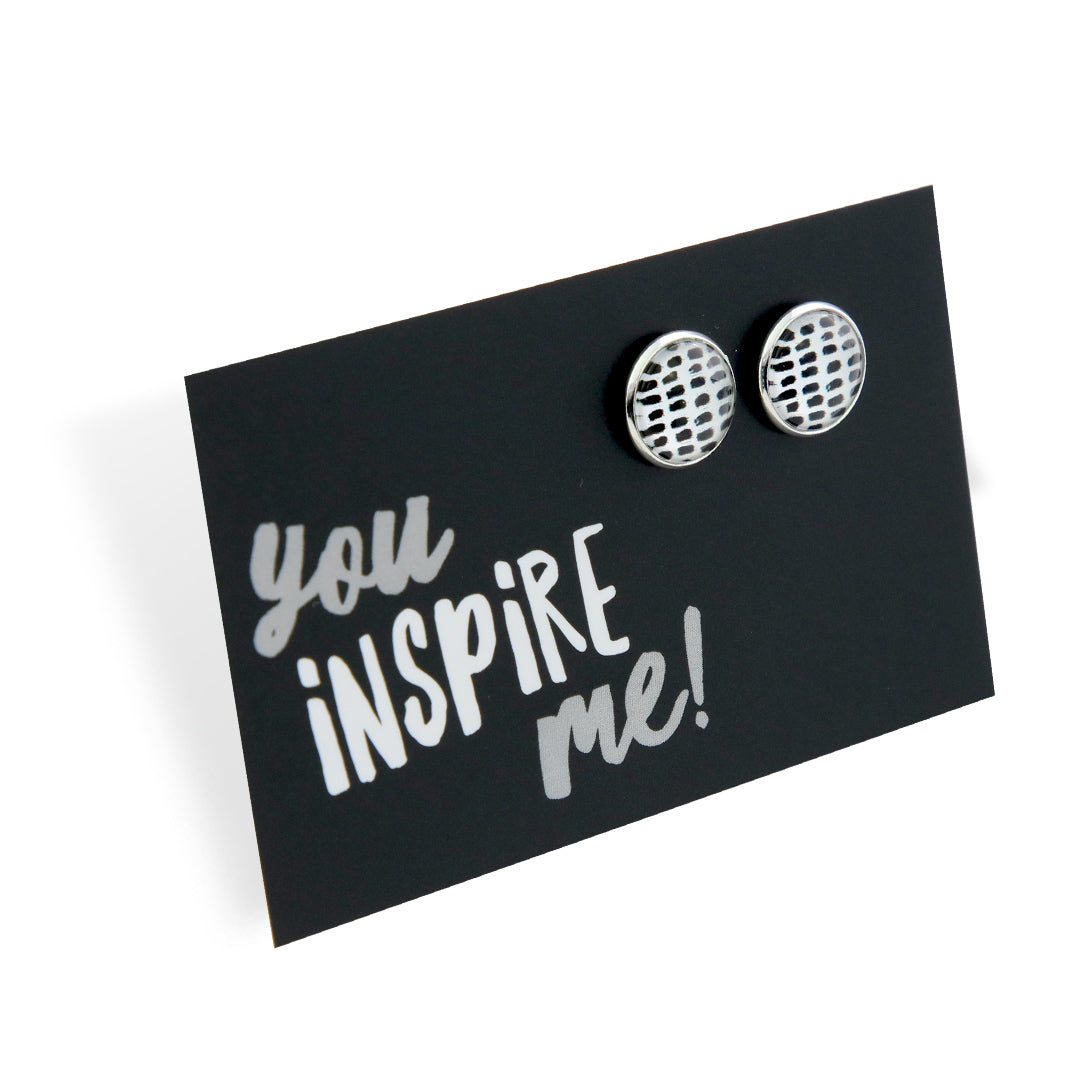 Black & White Collection - You Inspire Me - Bright Silver 12mm Circle Studs - Black Strokes (11021)