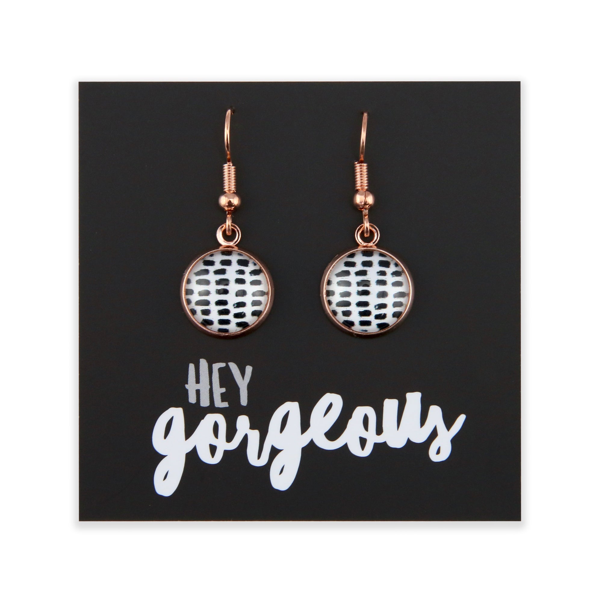 Black & White Collection - Hey Gorgeous - Rose Gold Dangle Earrings - Black Strokes (10931)