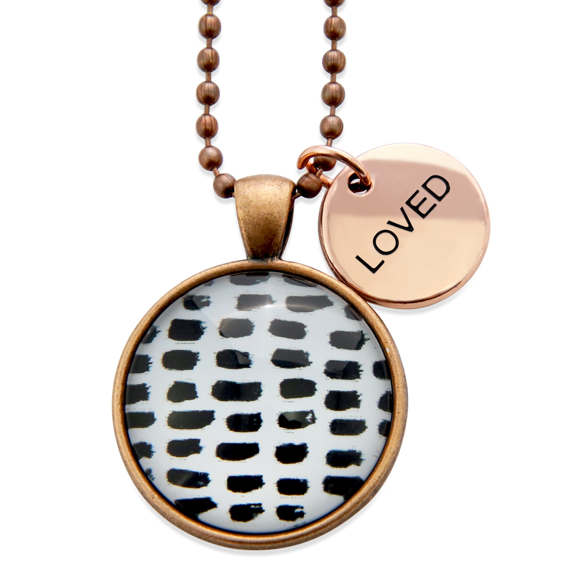 Black & White Collection - Vintage Copper 'LOVED' Necklace - Black Strokes (10362)