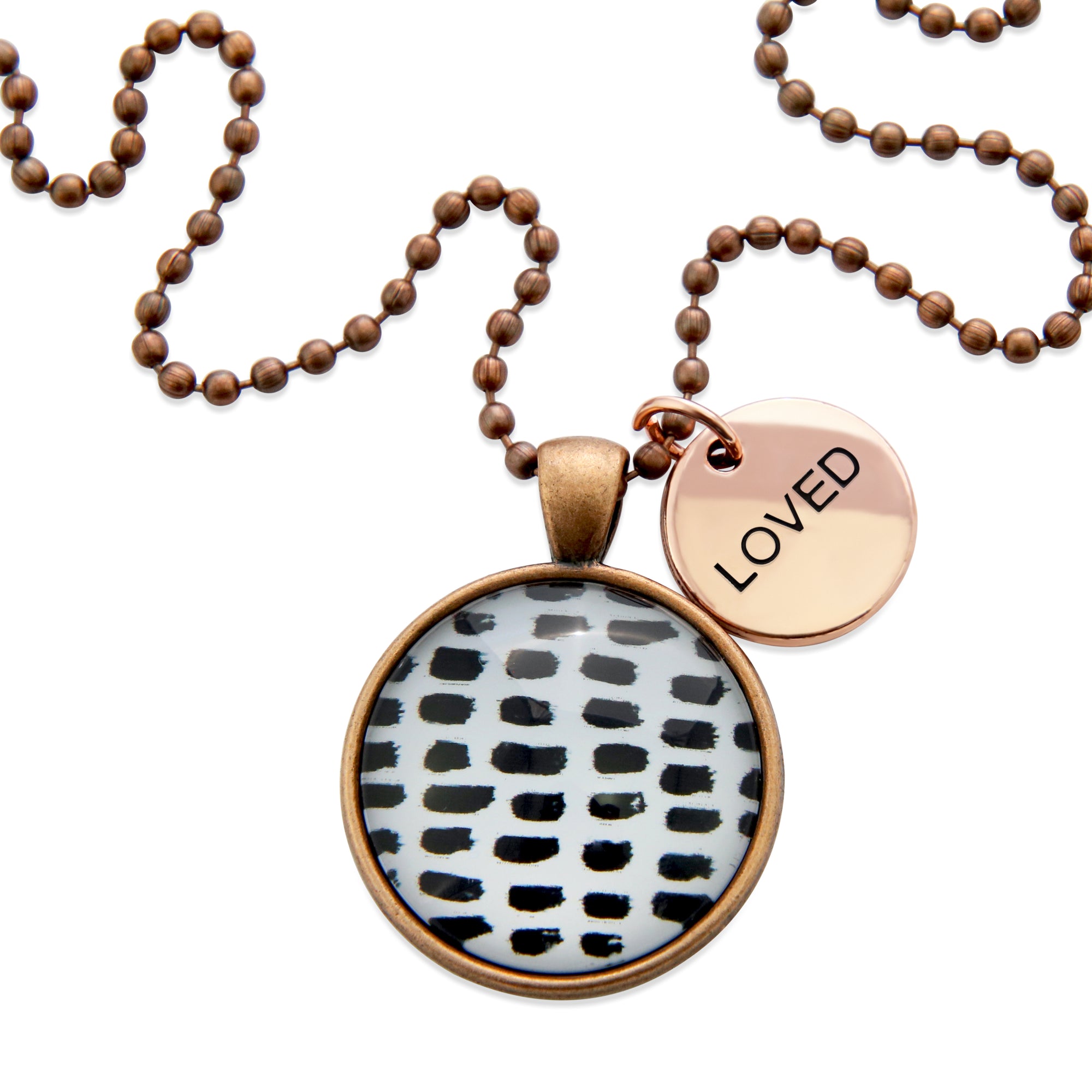 Black & White Collection - Vintage Copper 'LOVED' Necklace - Black Strokes (10362)