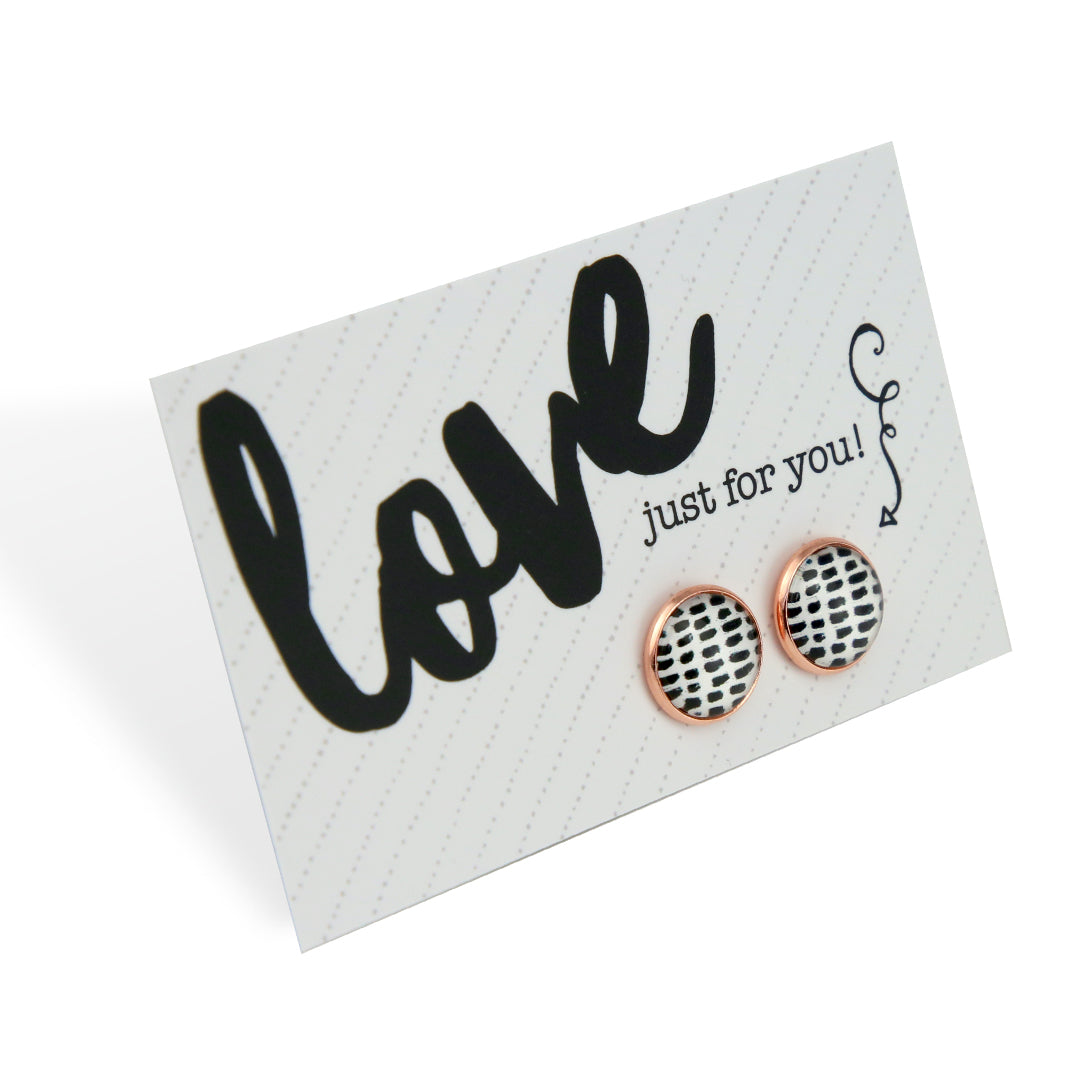 Black & White Collection - Love Just For You - Rose Gold 12mm Circle Studs - Black Strokes (10941)