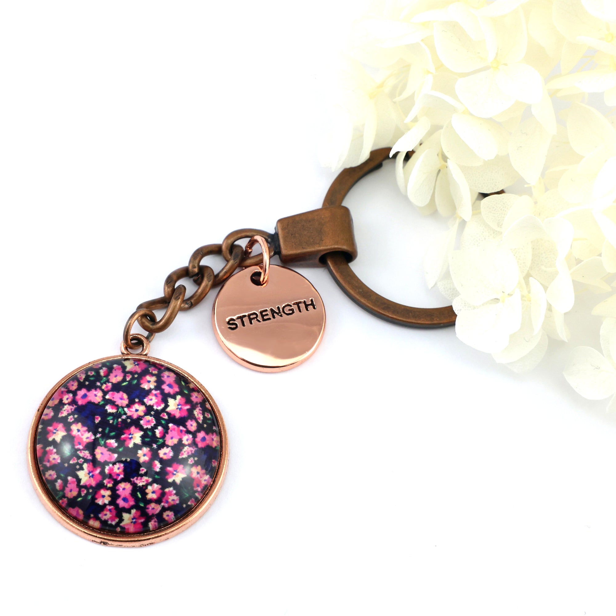 PINK COLLECTION - Vintage Rose Gold 'STRENGTH' Keyring - Bloomy (10845)