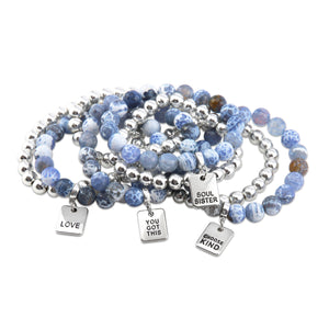 Bracelet Duo! 10mm Blue Agata Tourmaline & 8mm Silver bead bracelet stacker set - CHOOSE KIND (12053)